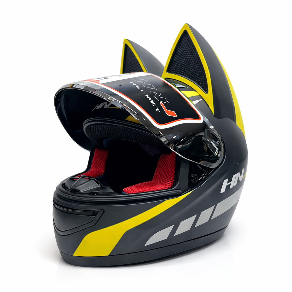تصویر کلاه کاسکت خرگوشی اچ ان جی مدل HNJ 902 Matt Black-Yellow سایز M