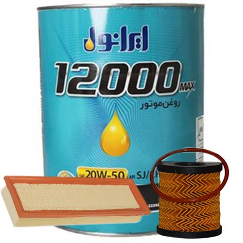 تصویر پک روغن پژو 206 تیپ 2 ایرانول 12000 مکس (SJ 20W50 ) 4L + فیلتر روغن و فیلتر هوا 