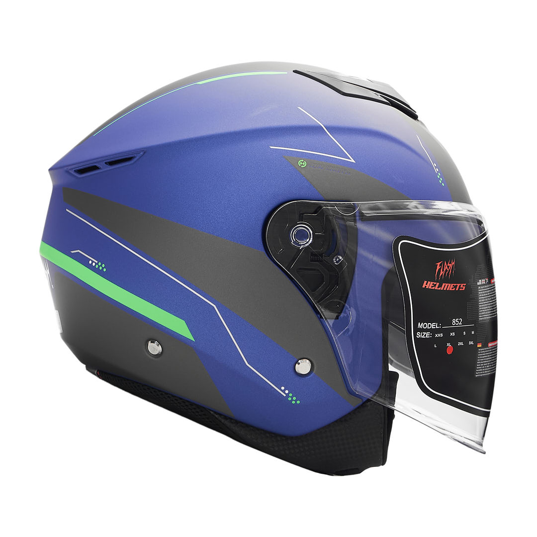 تصویر کلاه کاسکت بدون فک فلش مدل 852 matt blue-neon-green سایز XL