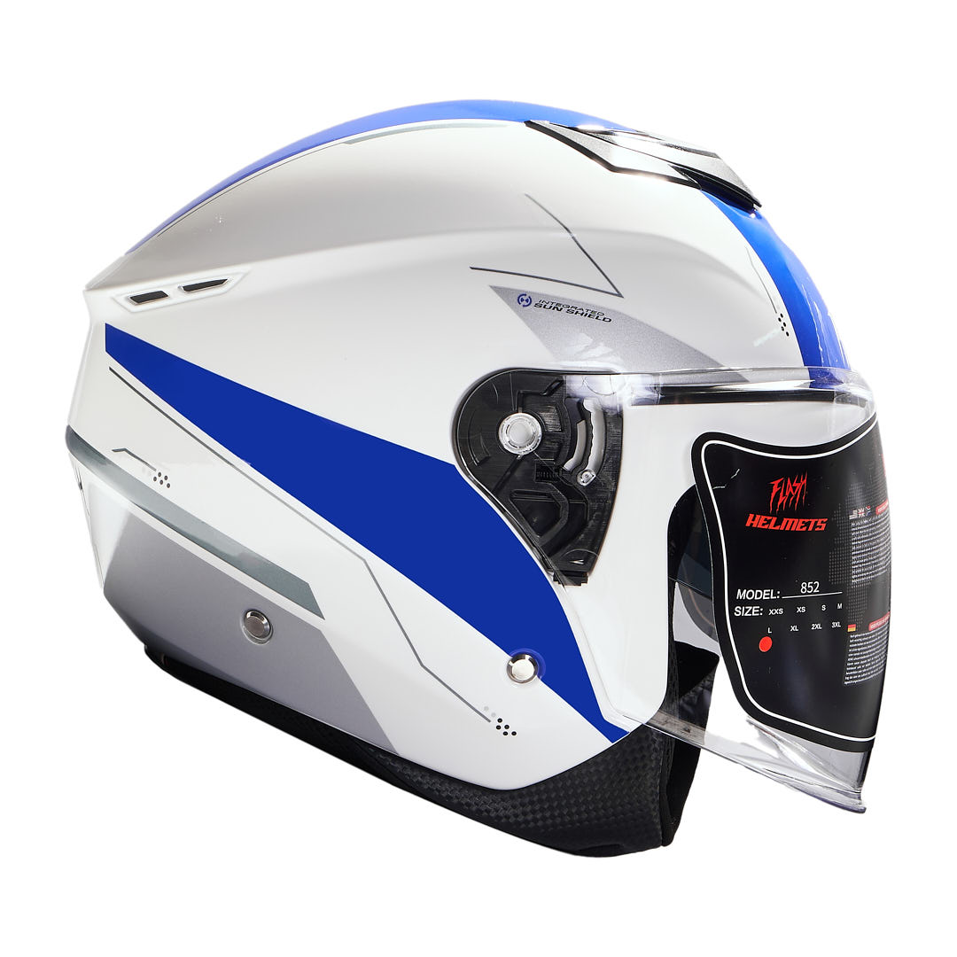 تصویر کلاه کاسکت بدون فک فلش مدل 852 glossy white-blue سایز XL