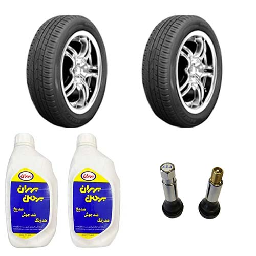 تصویر دو حلقه لاستیک بارز 185/60 R14 + دو عدد ضد یخ بهران + والف