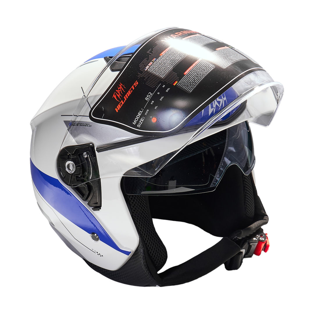 تصویر کلاه کاسکت بدون فک فلش مدل 852 glossy white-blue سایز L