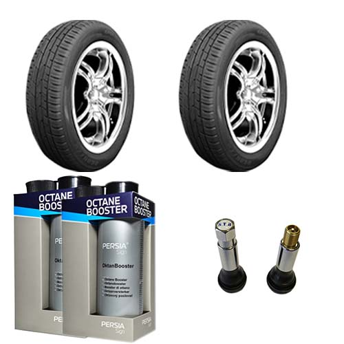 تصویر  دوحلقه لاستیک بارز 205/60 R14 + دو عدد اکتان پرشیا ساین + والف